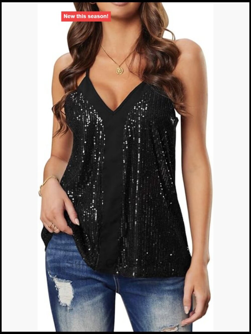 Sequin Cami Tank Top Sparkly Sleeveless V-Neck Party Club Wear Women's Stretchy